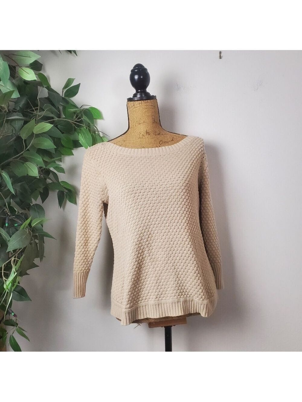 Vintage Fever Cream Knit Ribbed Sleeve Sweater Top Medium